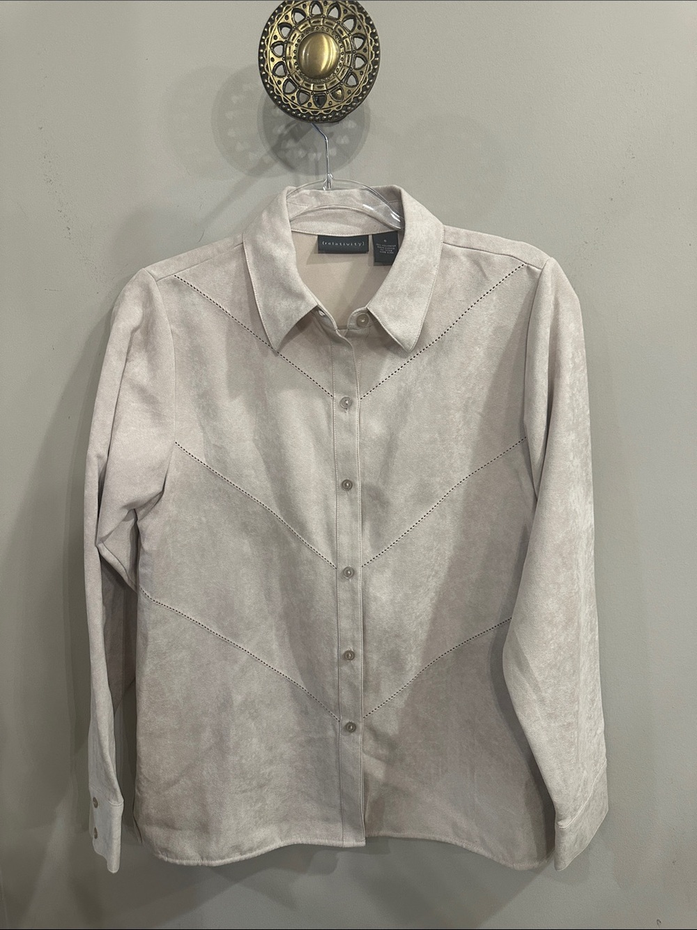 Relativity Neutral Beige Suede-Effect Button Down Shirt